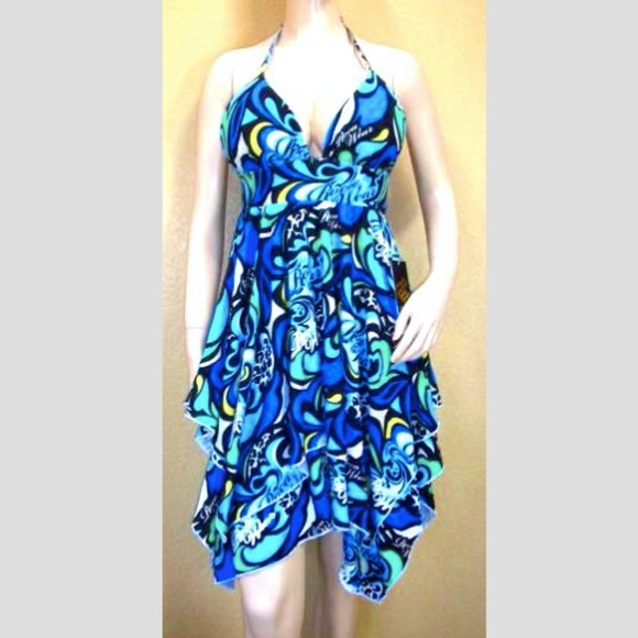 NEW Rocawear Y2K Colorful Blue Print Sexy Ruffle Dress sz M - Picture 1 of 14